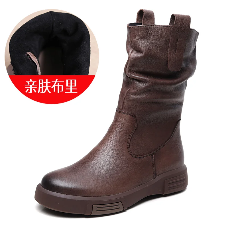 Yyvonne Layer Kraft Mid-Sleet Boots Women Autumn And Winter New Flat Bottom Comfortable Side Zipper Martin Boots Retro Style Horse Boots