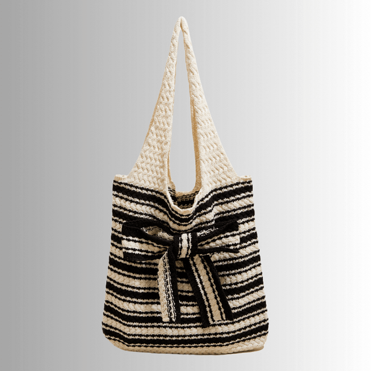 Lulusnow Handmade Black Bownot Casual Travel Beach Crochet Tote Bag Shoulder Bag 