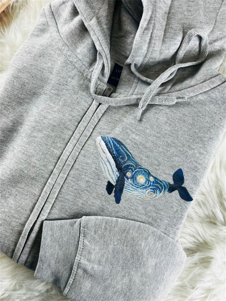 Starry Night Inspired Whale Embroidery Art Full Zip Hoodie  artssus
