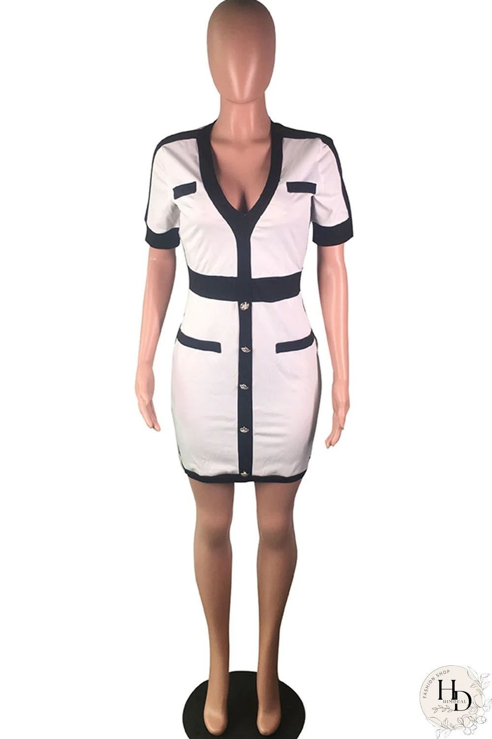 White OL Cap Sleeve Short Sleeves V Neck Step Skirt Knee-Length chain Solid Patchwork Club Dres