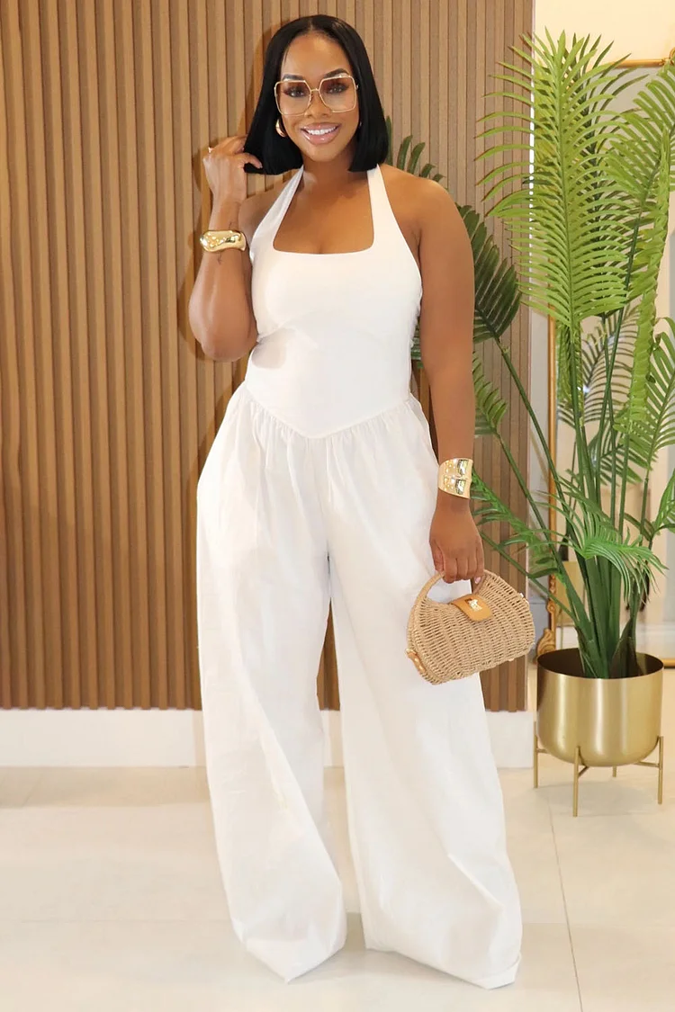Halter Square Neck Backless Top Wide Leg Pants Jumpsuits-White [Pre Order]