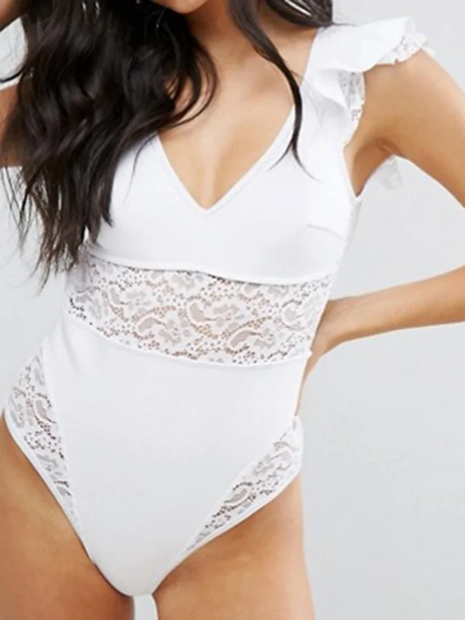 Lace Belly Ruffle Solid Color Ladies Sexy One Piece Swimsuit