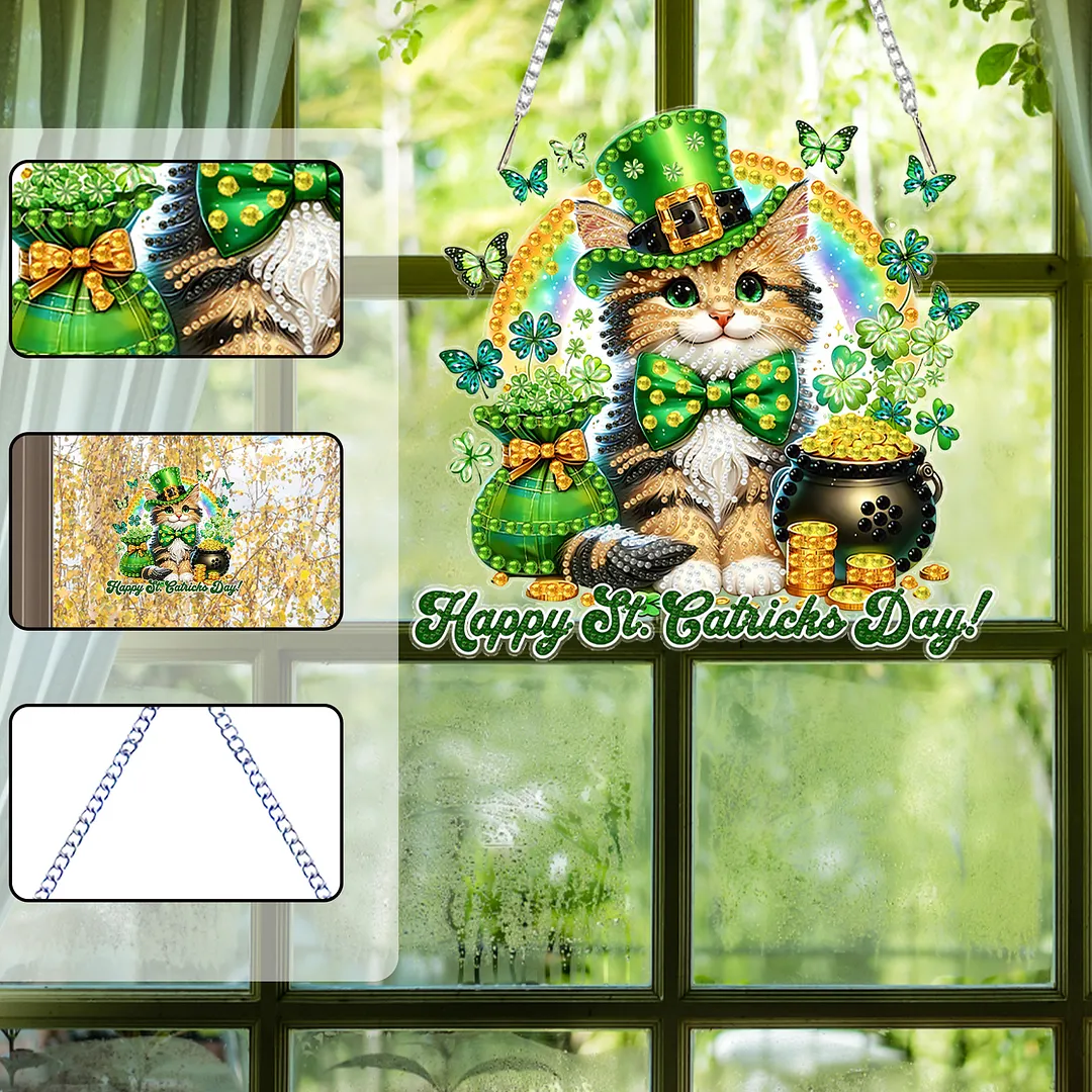 St Patricks Day Cat DIY 2D Flat Acrylic Diamond Painting Kits 5D Diamond Art Painting Window Pendants for Home Garden Wall Decoration