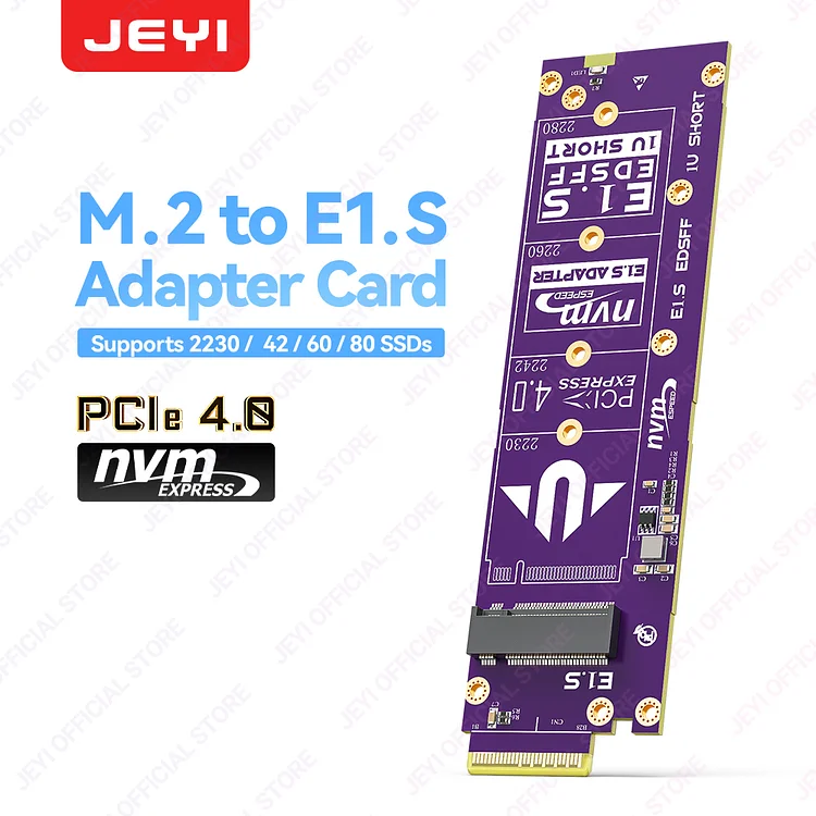 JEYI M.2 NVMe to EDSFF E1.S Adapter - Convert Card PCIe 4.0x4 （64Gbps）, Hot Swap,  Expansion 2230-2280 SSDs Expansion Card