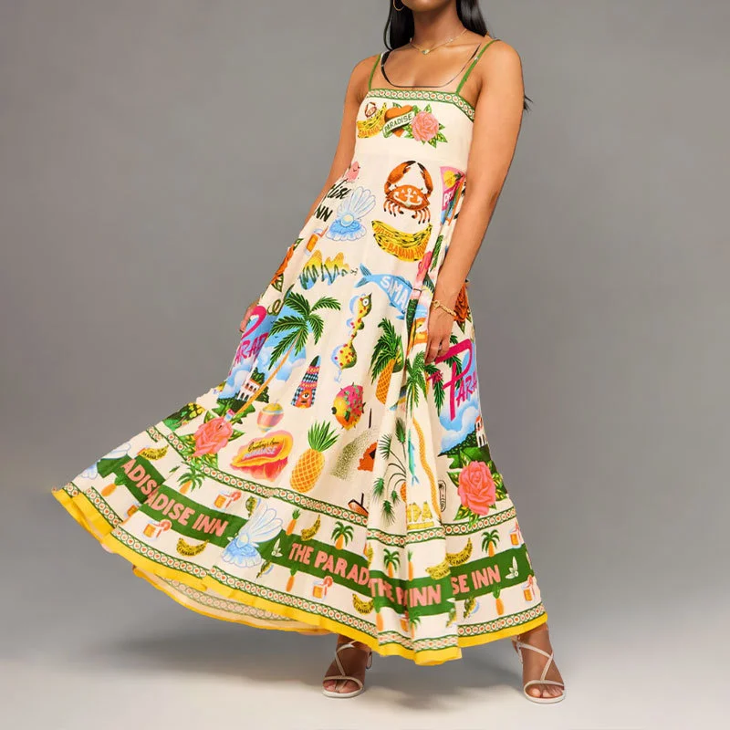 Uveng Uveng 2024 New Women's Sleeveless Strapless High-Waisted Print Long Strap Dress