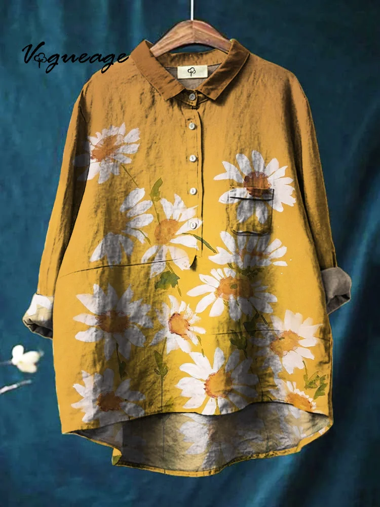 Colorful Watercolor Flower Print Cotton And Linen Shirt