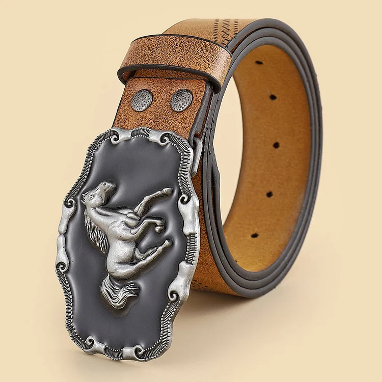 Men'S Western Metal Horse Carving Belt