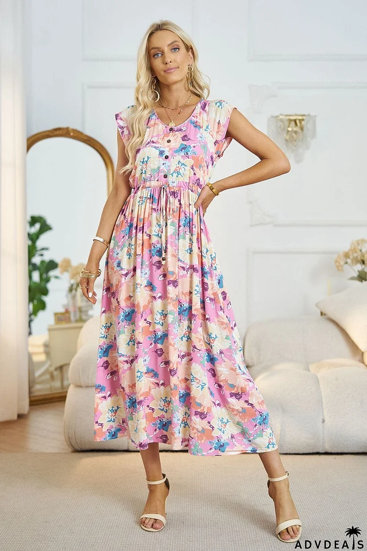 Floral V-Neck A-Line Midi Dress