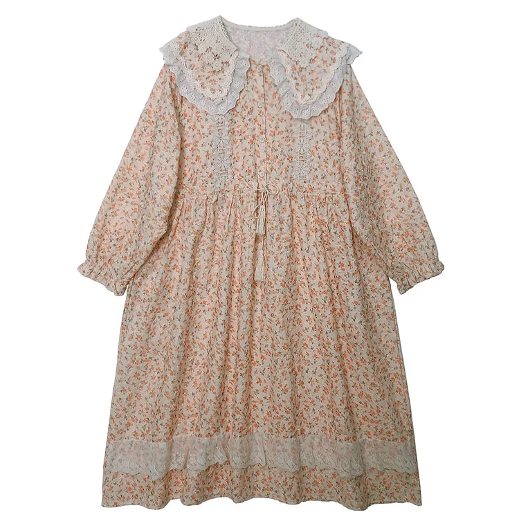 Queenfunky cottagecore style Spring Lace Floral Print Dress QueenFunky