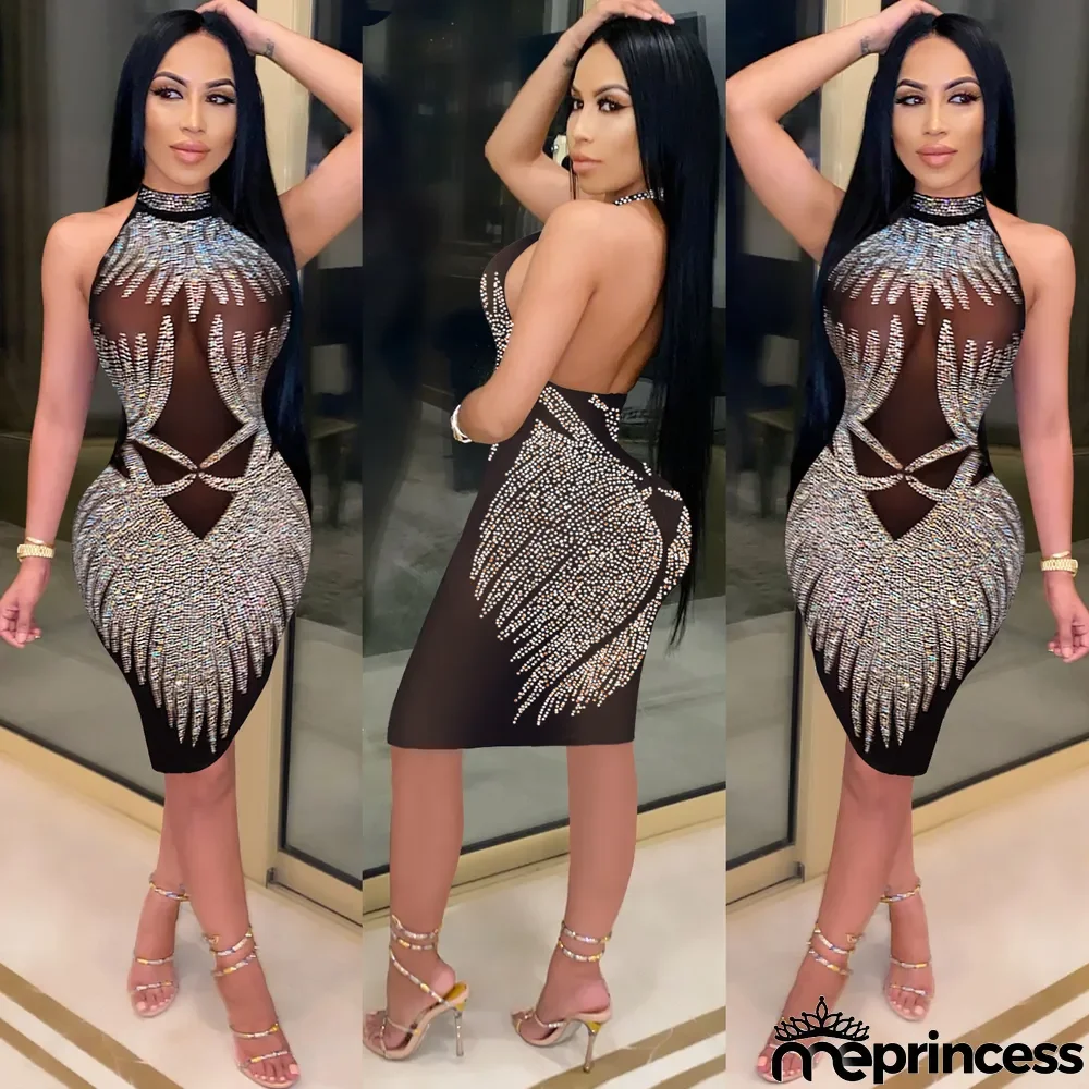 Sexy Hot Drilling Halter Night Club Dresses