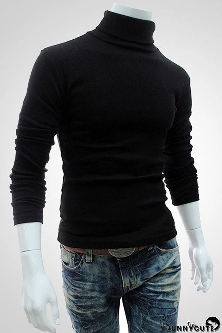 Black Casual Solid Split Joint Turtleneck Tops