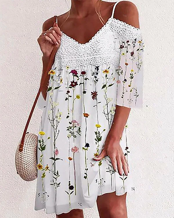 Printed V-Neck Elegant Casual Off-the-Shoulder Dress