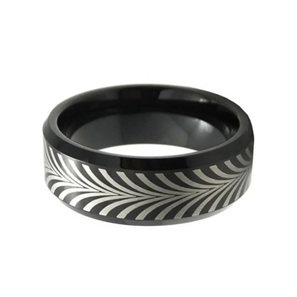 8MM Black Tungsten Carbide Ring for Men Polished Wheel Pattern Laser Wedding Band