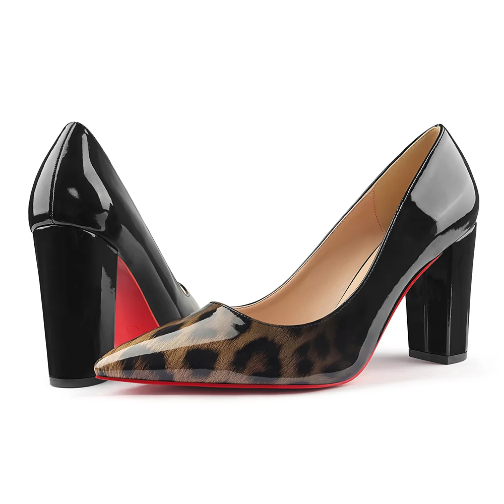 3.5" Women's Chunky Heels Red Bottom Shoes Comfortable Middle Block Heel Patent Pumps-MERUMOTE