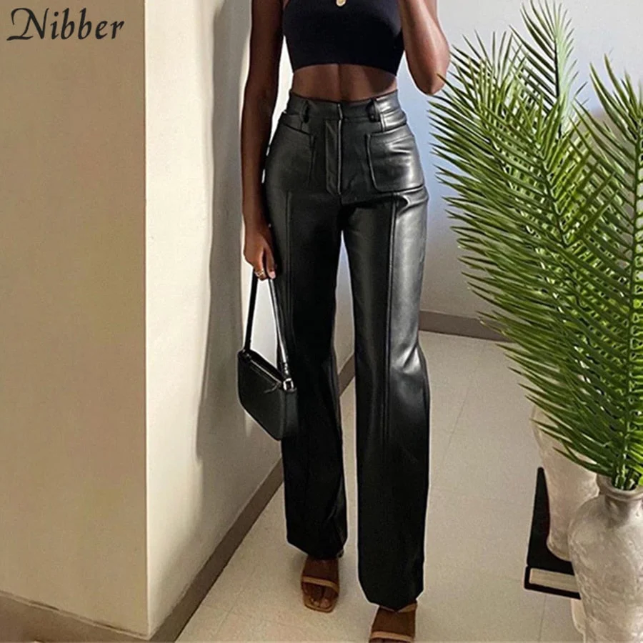 Nibber Luxurious Faux PU Leather Y2K Pants Women's Leisure Straight Pants 2021 Street Clubwear Slim Punk Design Trousers Female