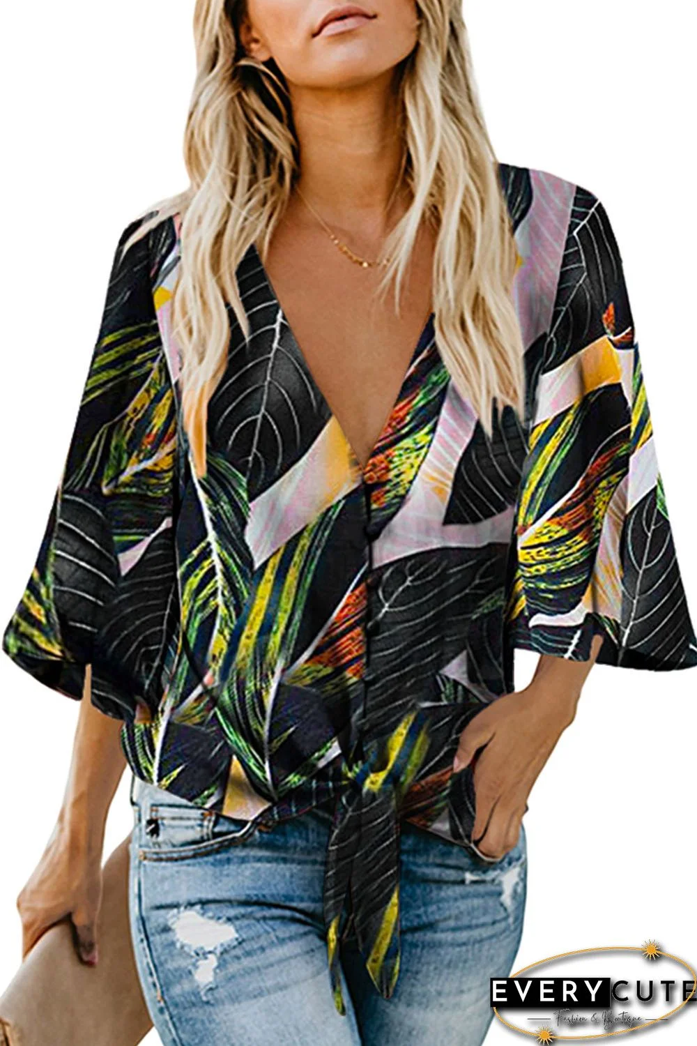 Multicolor Floral Print Button Tie Top