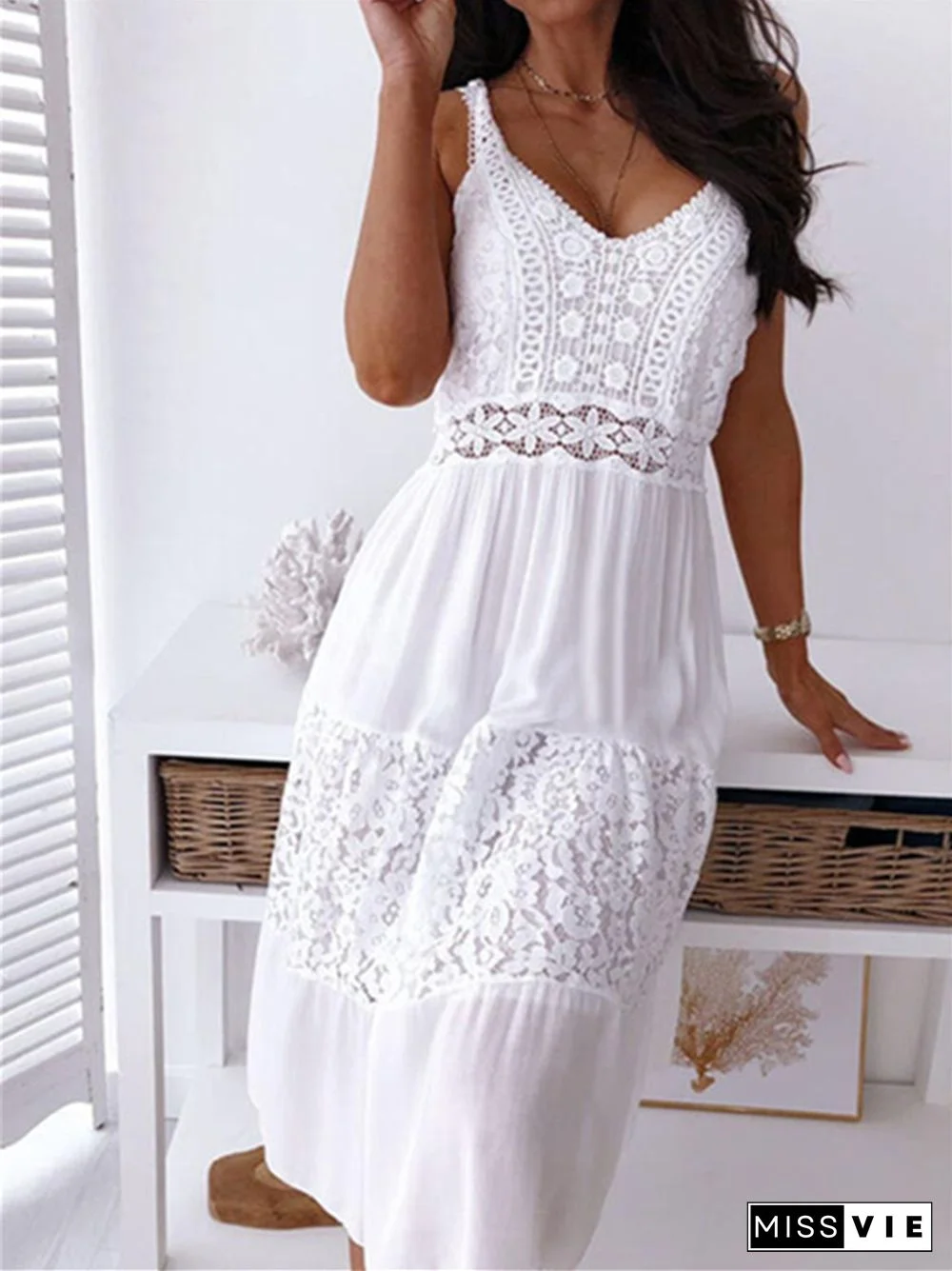 New Lace Stitching Strap Beach Skirt Dress White Dresses