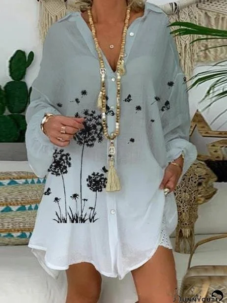 Floral Printing Long-sleeved Shirt Dress for Women