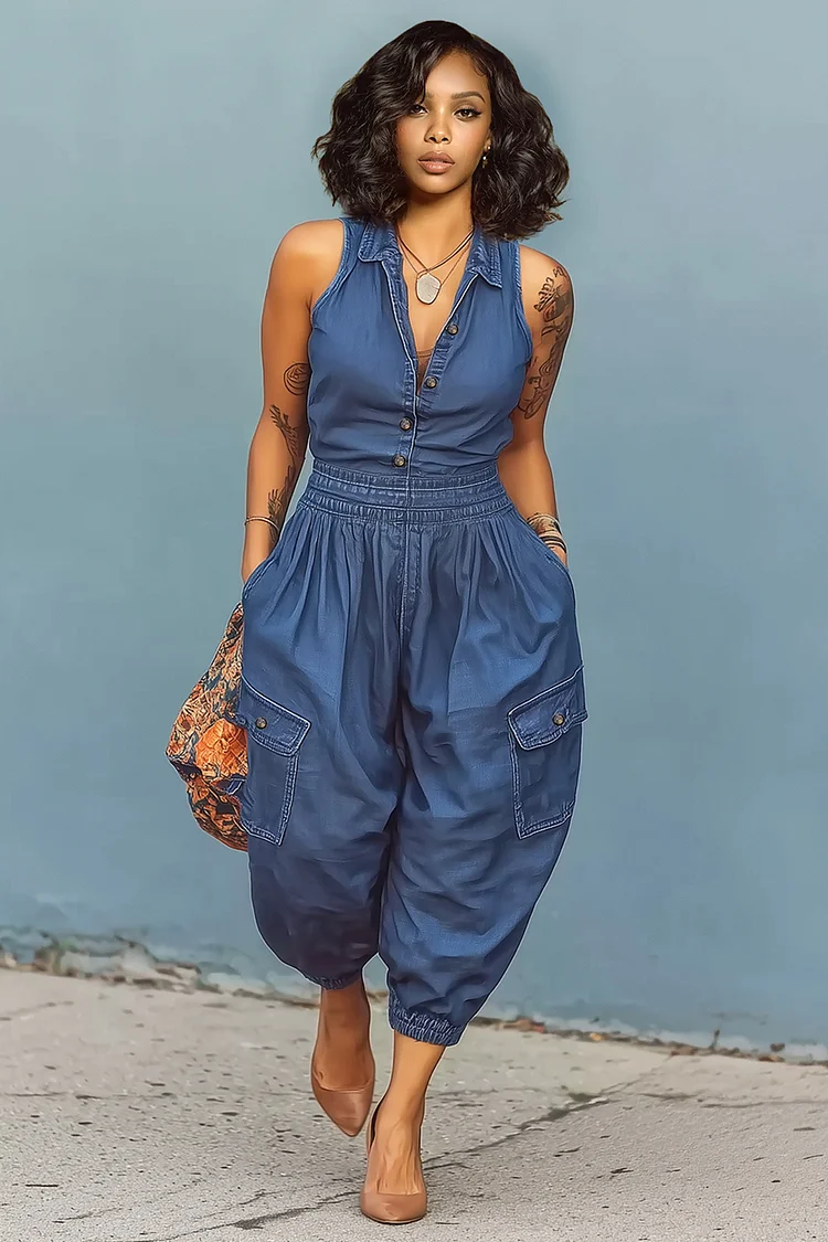 Sleeveless Button Up Cargo Pocket Denim Tapered Leg Jumpsuit-Blue [Pre Order]