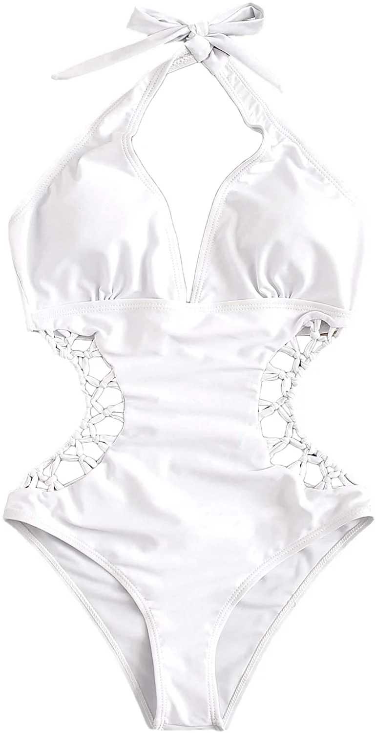 Women's Deep V Neck Cutout High Waisted Halter Monokini One Piece Swimsuit