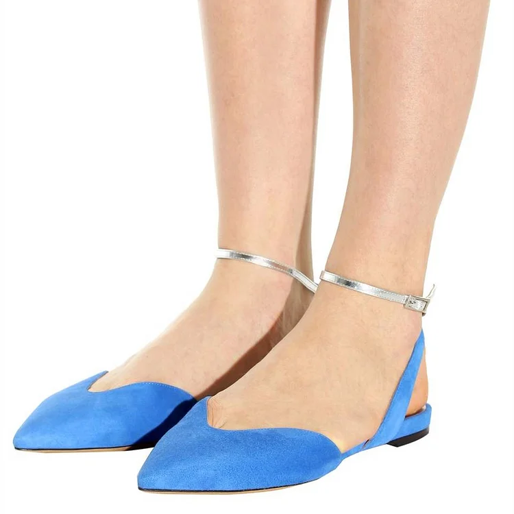 Blue Vegan Suede Silver Ankle Strap Slingback Comfortable Flats |FSJ Shoes