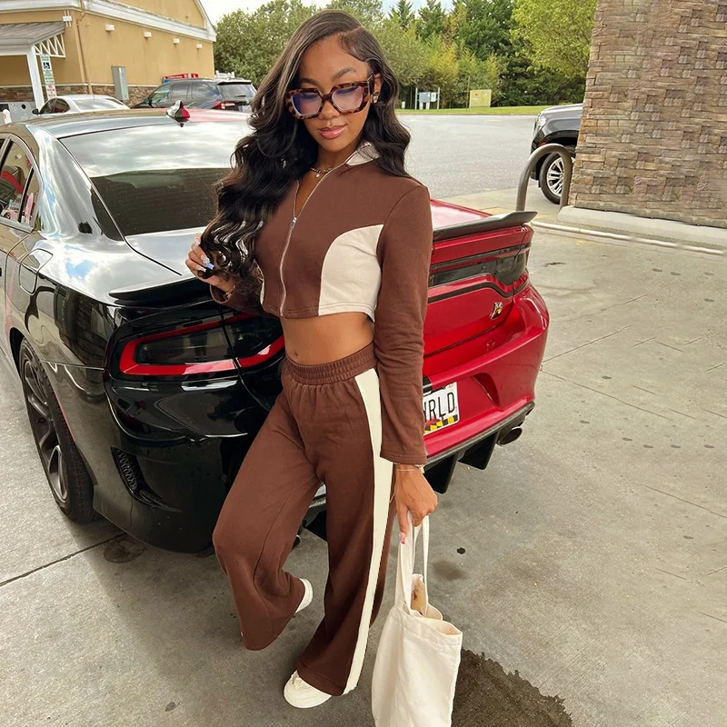 Uveng Uveng Women's Autumn And Winter Bumpy Short-D Waist Clip Zipper Tight Waist Straight Trousers Set