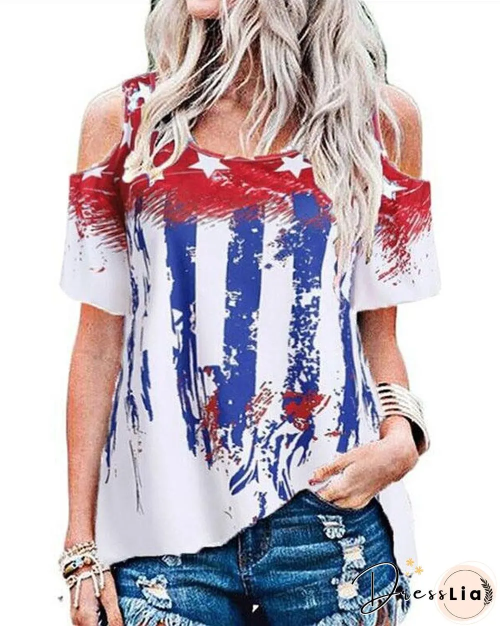 American Flag Round Neckline Half Sleeve Blouses