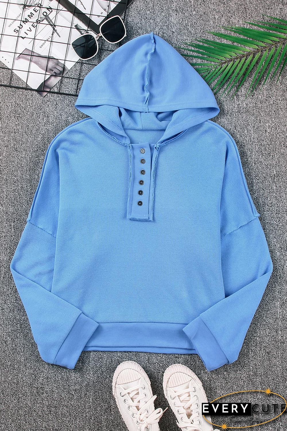 Sky Blue Casual Button Solid Patchwork Trim Hoodie