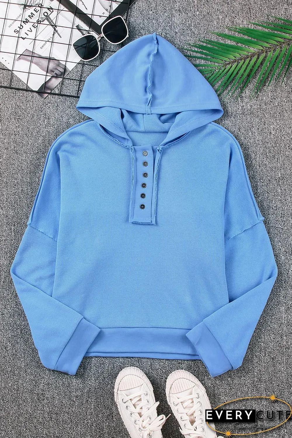 Sky Blue Casual Button Solid Patchwork Trim Hoodie