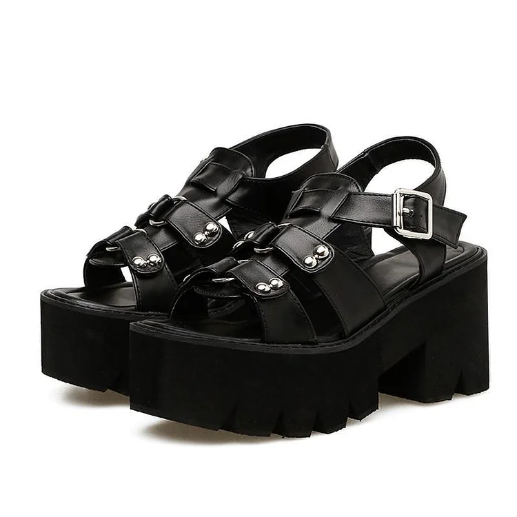 Black Platform Block Heel Sandals