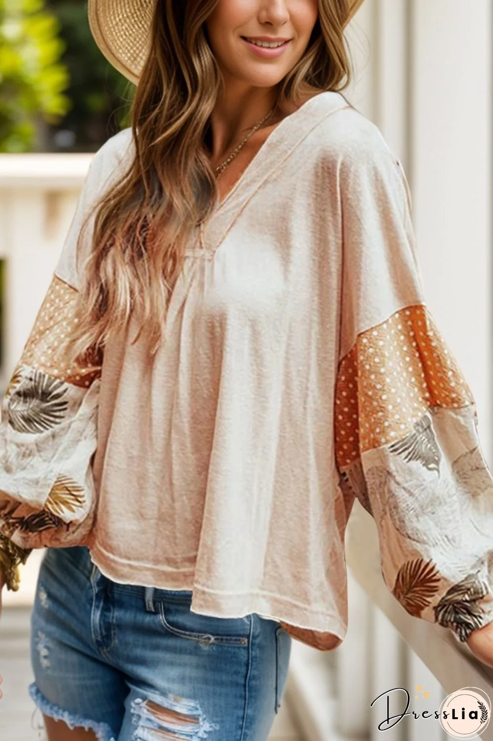 Printed V-Neck Long Sleeve Blouse