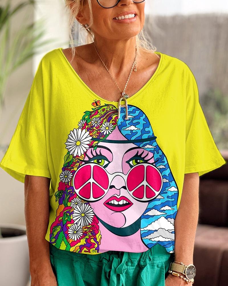 Ladies Hippie Abstract V Neck T-shirt