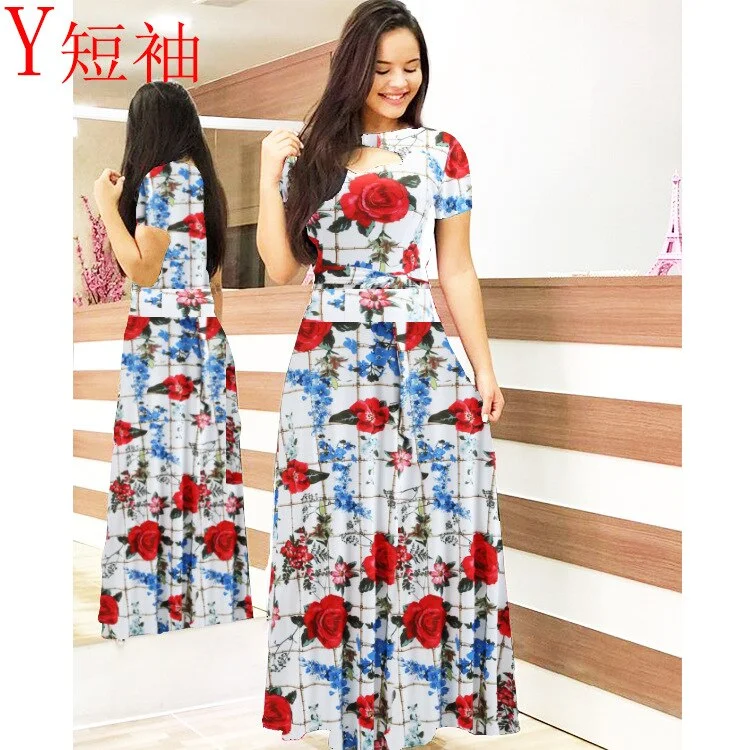 2021 Summer New Elegant Women's Maxi Dress Bohmia Casual Flower Print Robe Fashion Hollow Out Ladies Short Sleeve Dress Vestidos