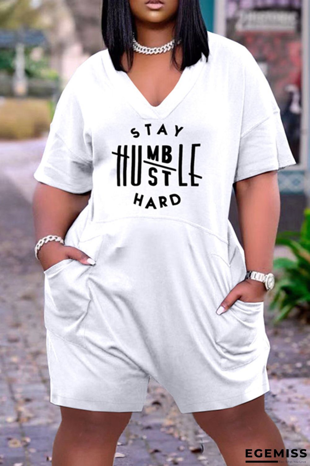 White Fashion Casual Letter Print Basic V Neck Loose Romper | EGEMISS