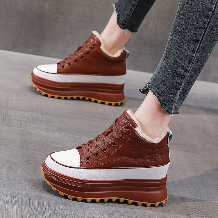 Fujin 7cm Super High Platform Wedge Sneakers Chunky Shoes Platform for Women Genuine Leather Women Casual Shoes Winter Fur Flats