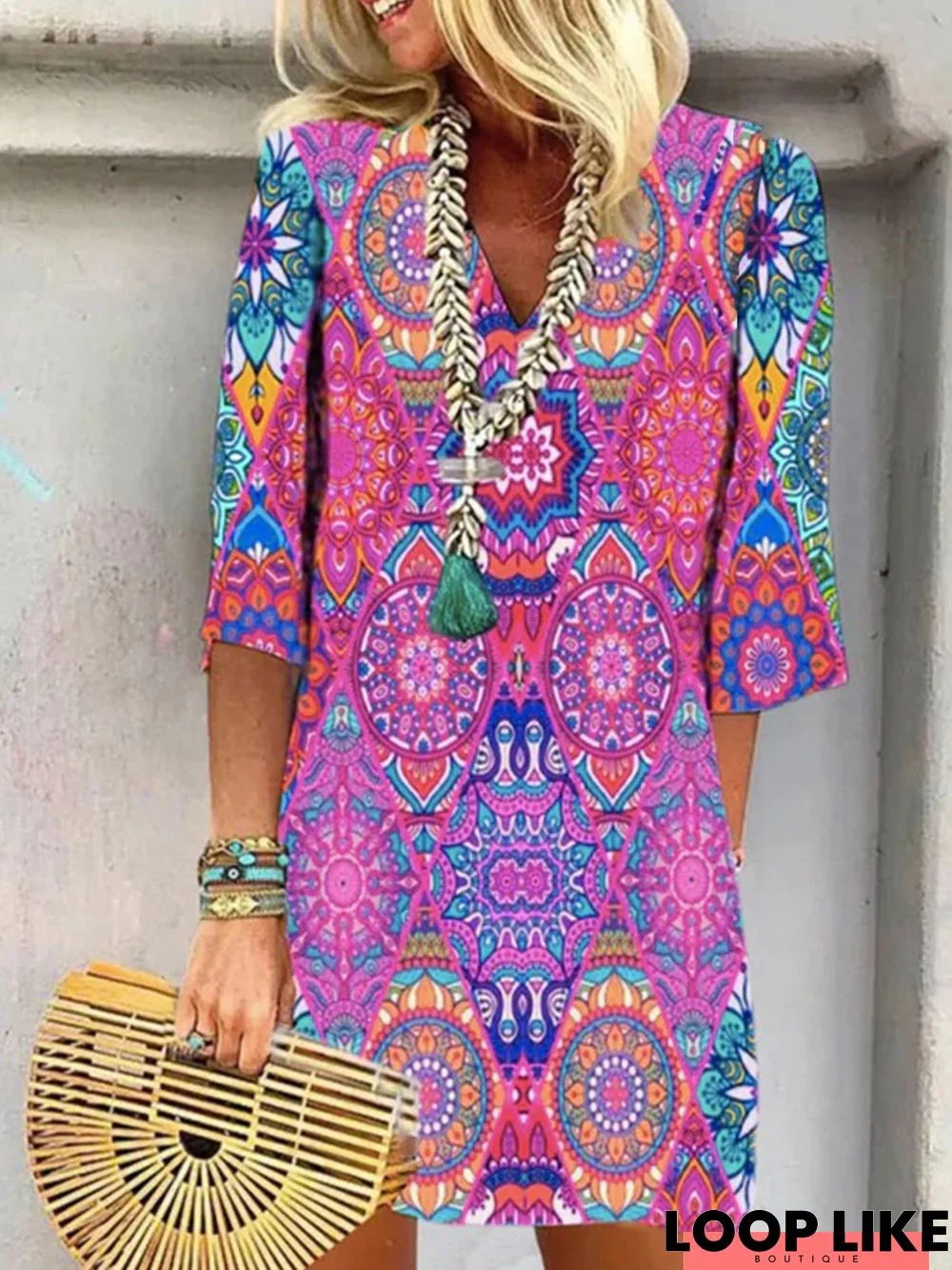 Ethnic V Neck Casual Vacation Three Quarter Tunic Dress