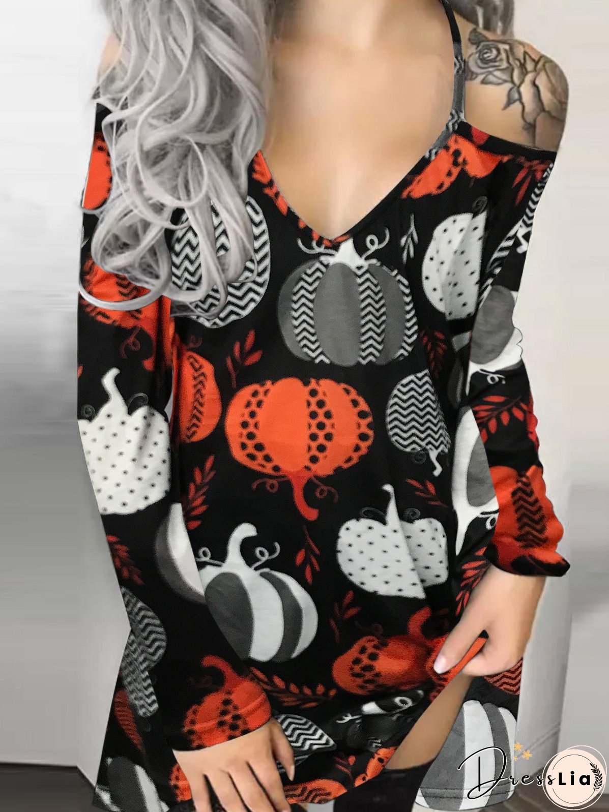 Women's Dresses Printed V-Neck Off-Shoulder Long Sleeve Dress