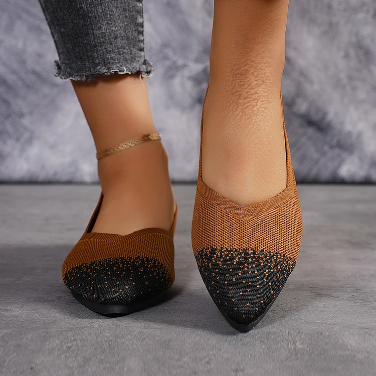 Colorblock Knitted Pointed Toe Breathable Slip On Flats