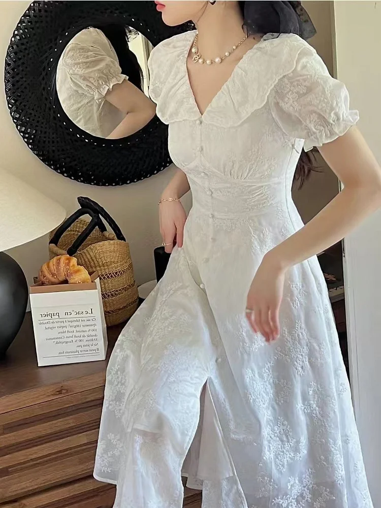 White Embroidered Dress With Puff Sleeves