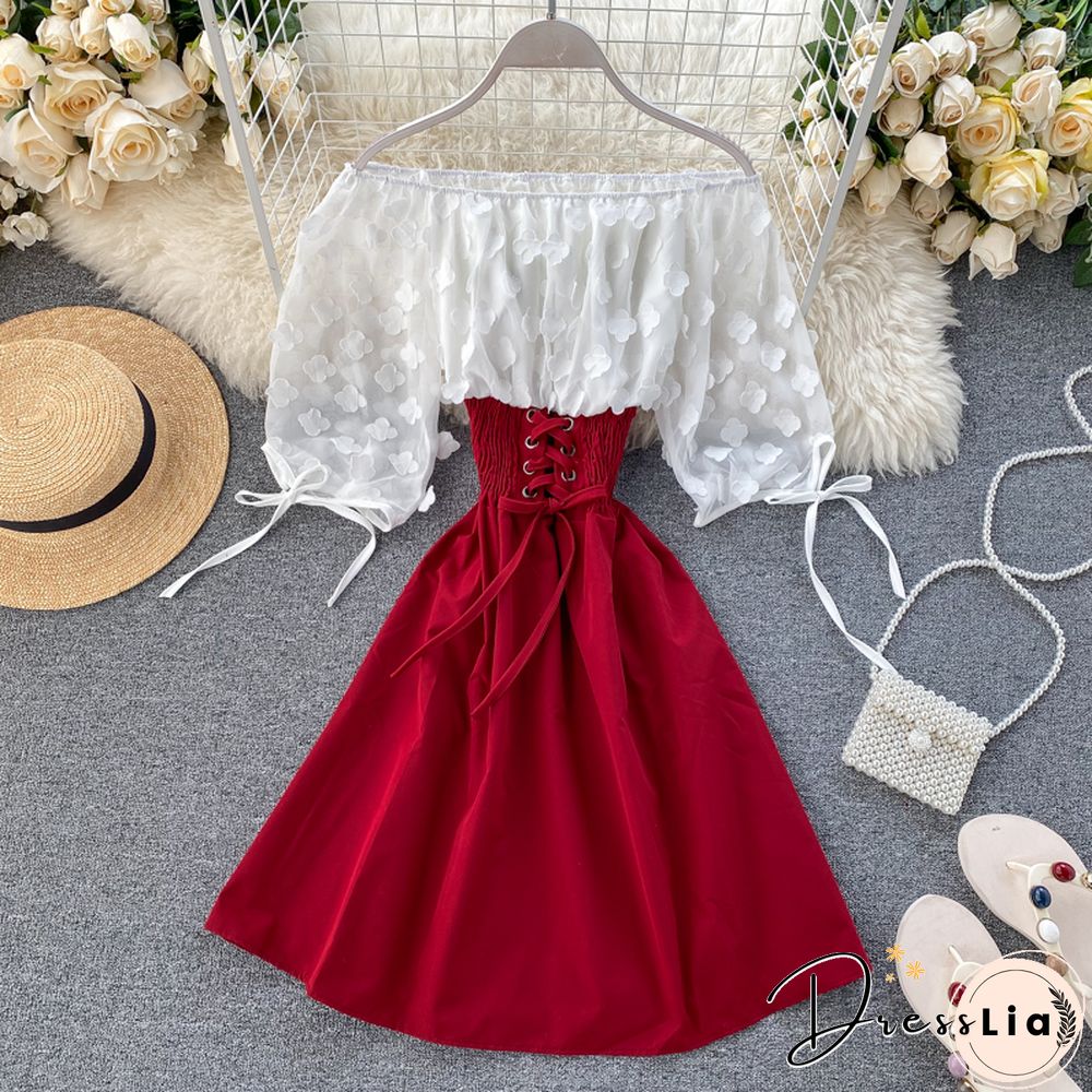 Sexy Off Shoulder Patchwork Summer Short Dress Party Flower Chiffon Slim Waist Lace Up Women Casual A-Line Beach Dress