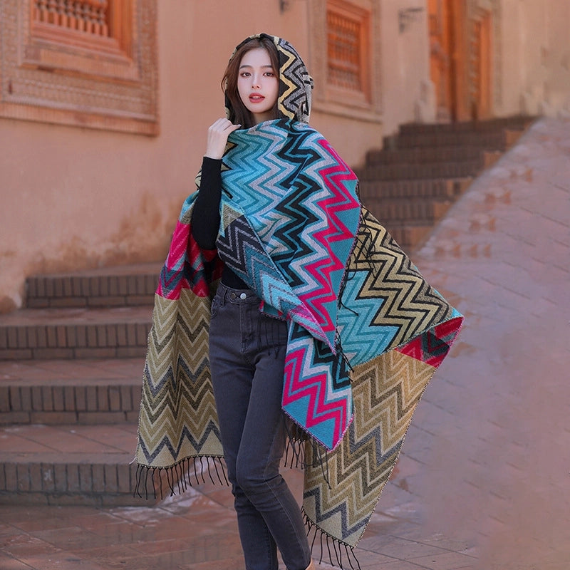 Ethnic Style Hooded Shawl Cloak Lijiang Xinjiang Tibet Northwest Tourism Wear Photograph Warm Outer Cape