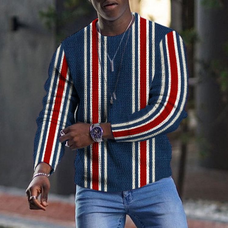 Striped Textured Round Neck Long Sleeve Men's Top