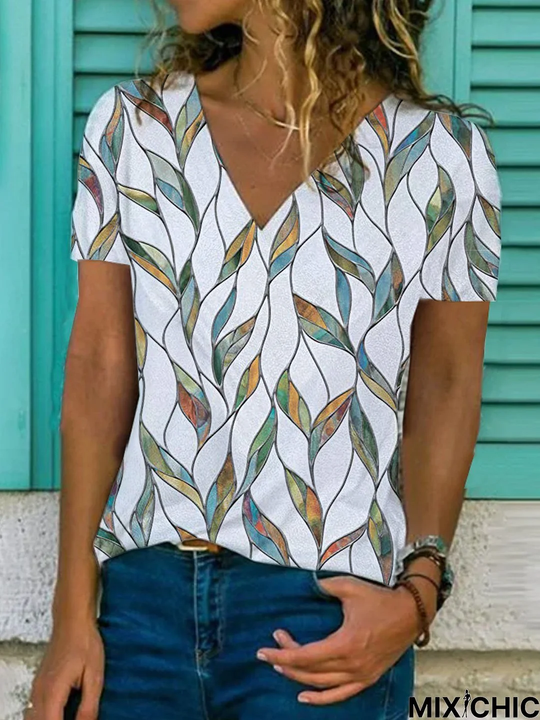 Leaves  Short Sleeve  Printed  Cotton-blend  V neck Vintage  Summer  White Top