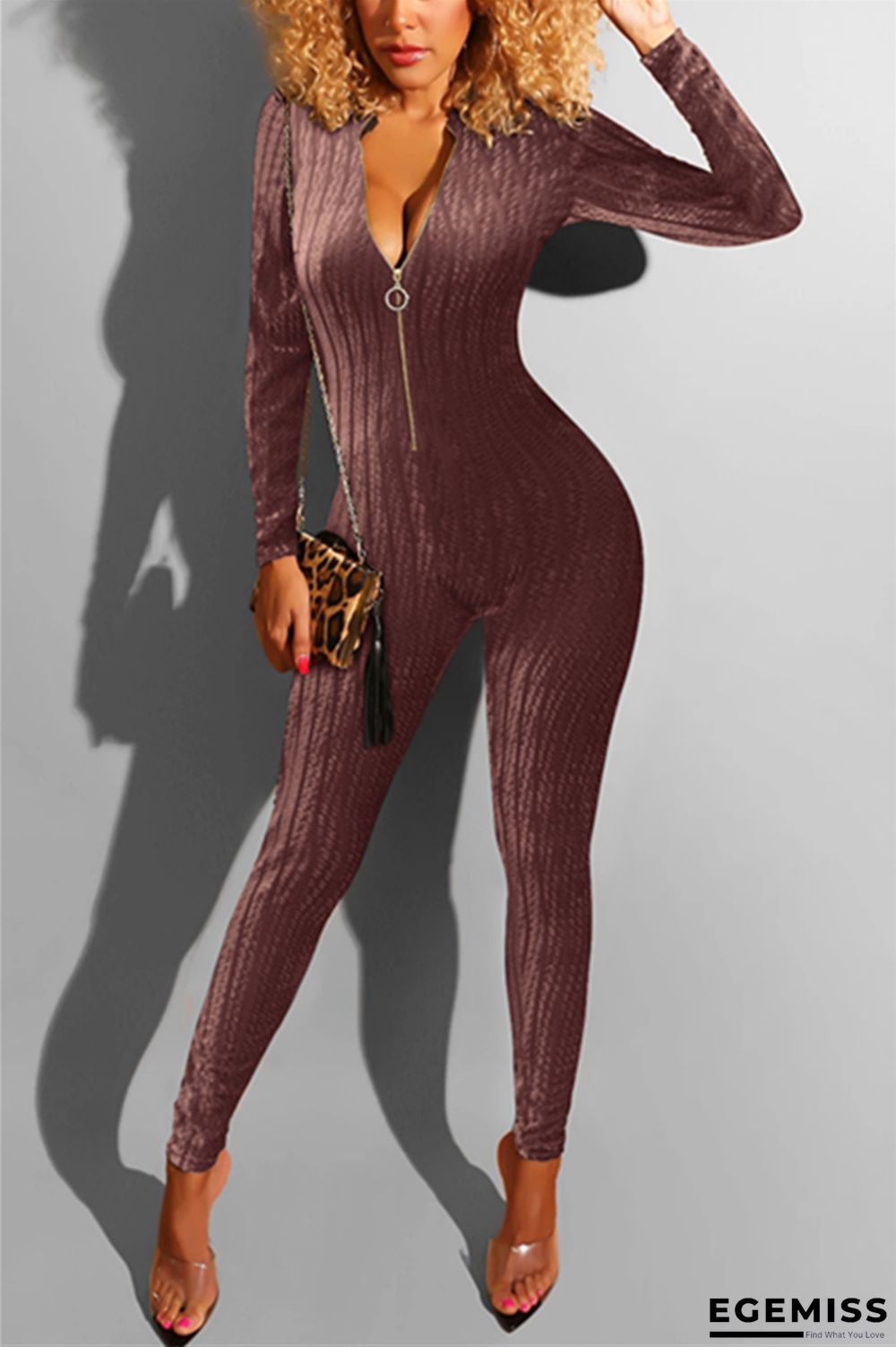 Wine Red Sexy Solid zipper Long Sleeve O Neck Jumpsuits | EGEMISS