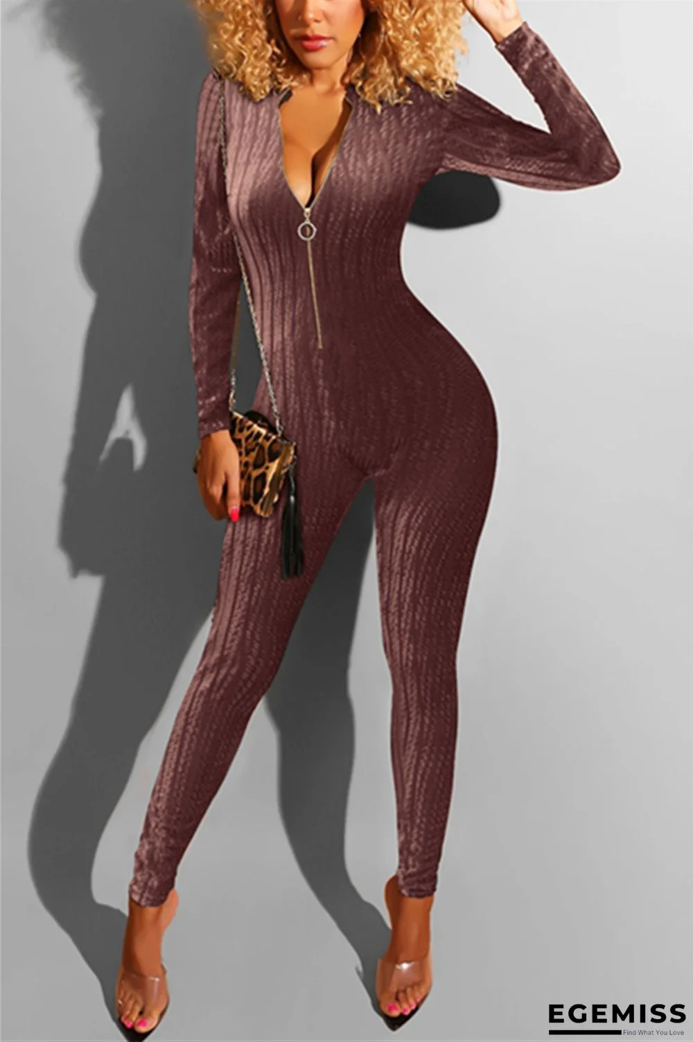 Wine Red Sexy Solid zipper Long Sleeve O Neck Jumpsuits | EGEMISS
