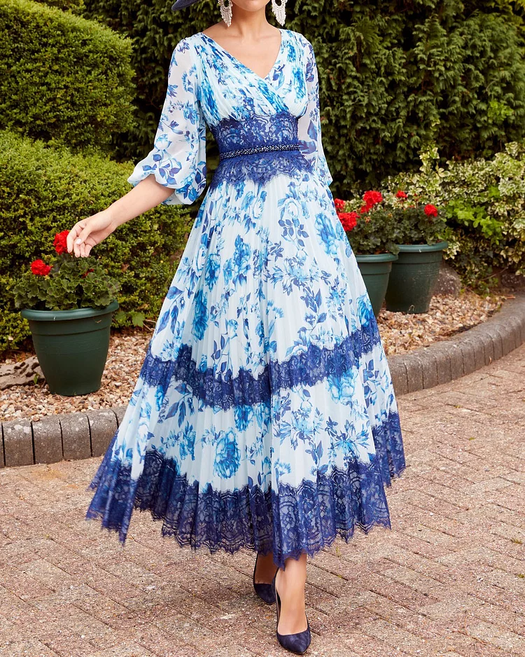 Elegant Floral Print Lace Contrast Dress
