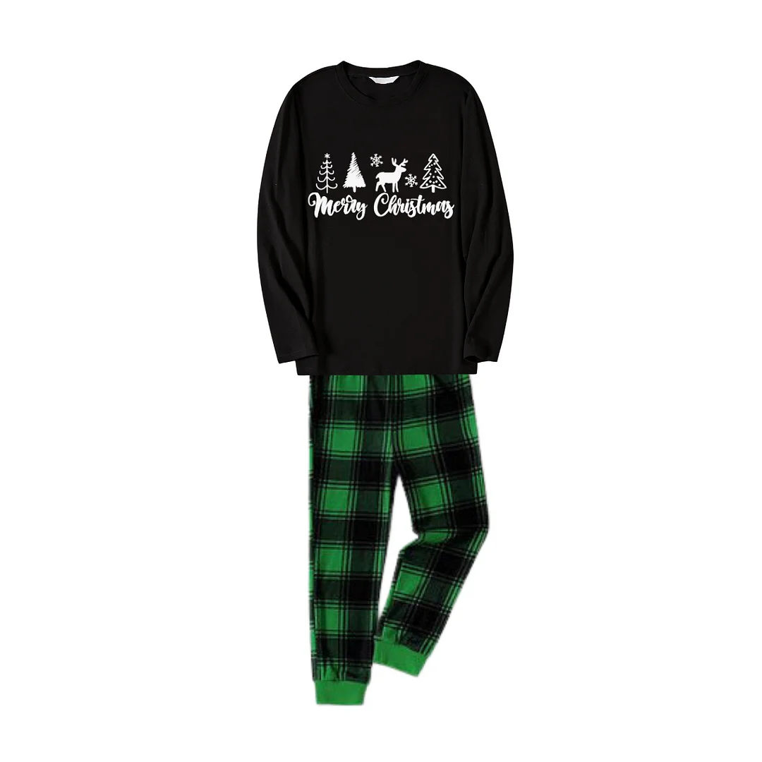 Christmas Tree and Elk Print Black Long Sleeve Top with Green and Black Plaid Family Matching Pajamas