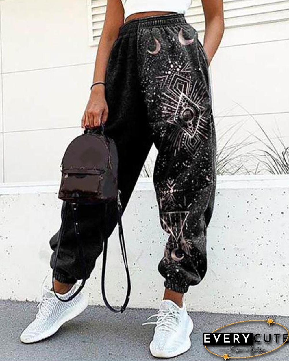 Ladies Casual Retro Sun Starry Sky Print Loose Fitness Sweatpants Trousers