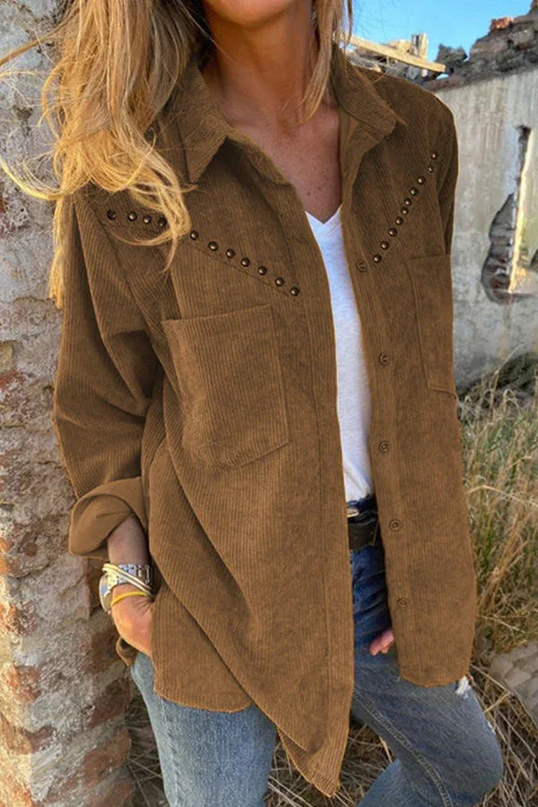 Autumn and Winter Single Breasted Studded Corduroy Shacket