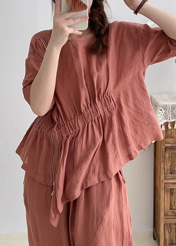 Simple Brick Red Asymmetrical Wrinkled Linen Shirts Summer